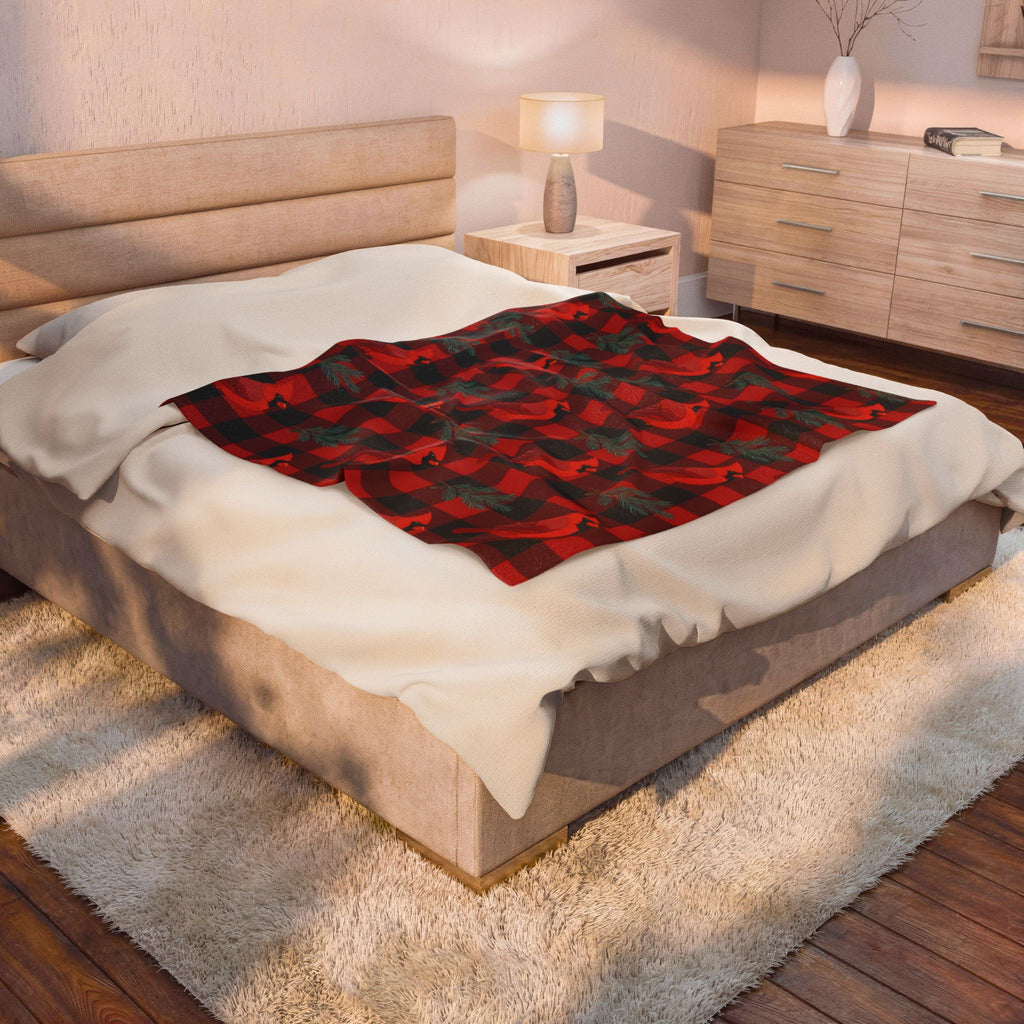 Cardinals and Buffalo Plaid Pattern Velveteen Plush Blanket – Style 2