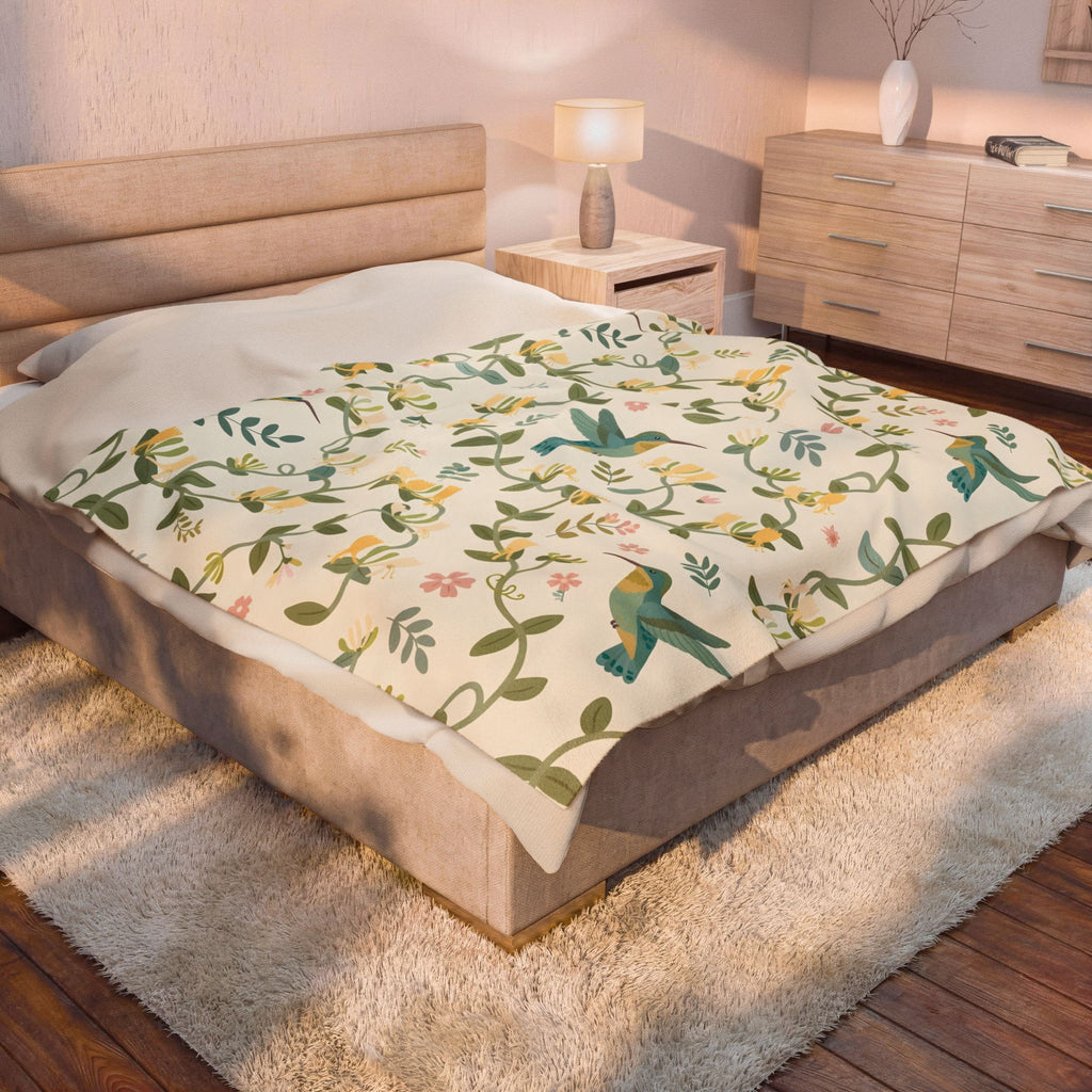 Hummingbirds and Honeysuckle Pattern Velveteen Plush Blanket – Style 2