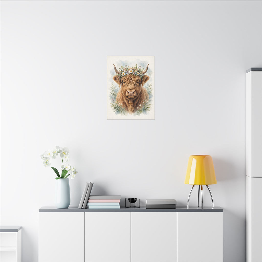 Highland Cow with Flower Crown Canvas Wall Art – Style 2