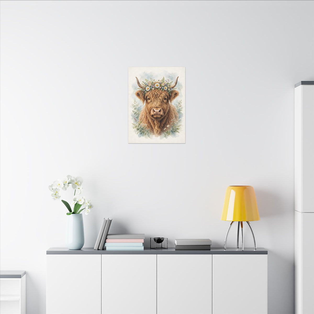 Highland Cow with Flower Crown Canvas Wall Art – Style 2