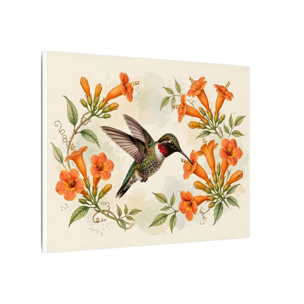 Hummingbird and Trumpet Flowers Canvas Wall Art