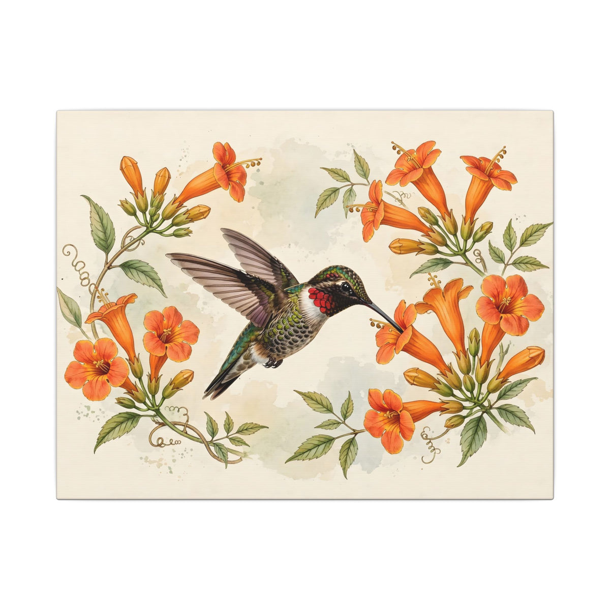 Hummingbird and Trumpet Flowers Canvas Wall Art