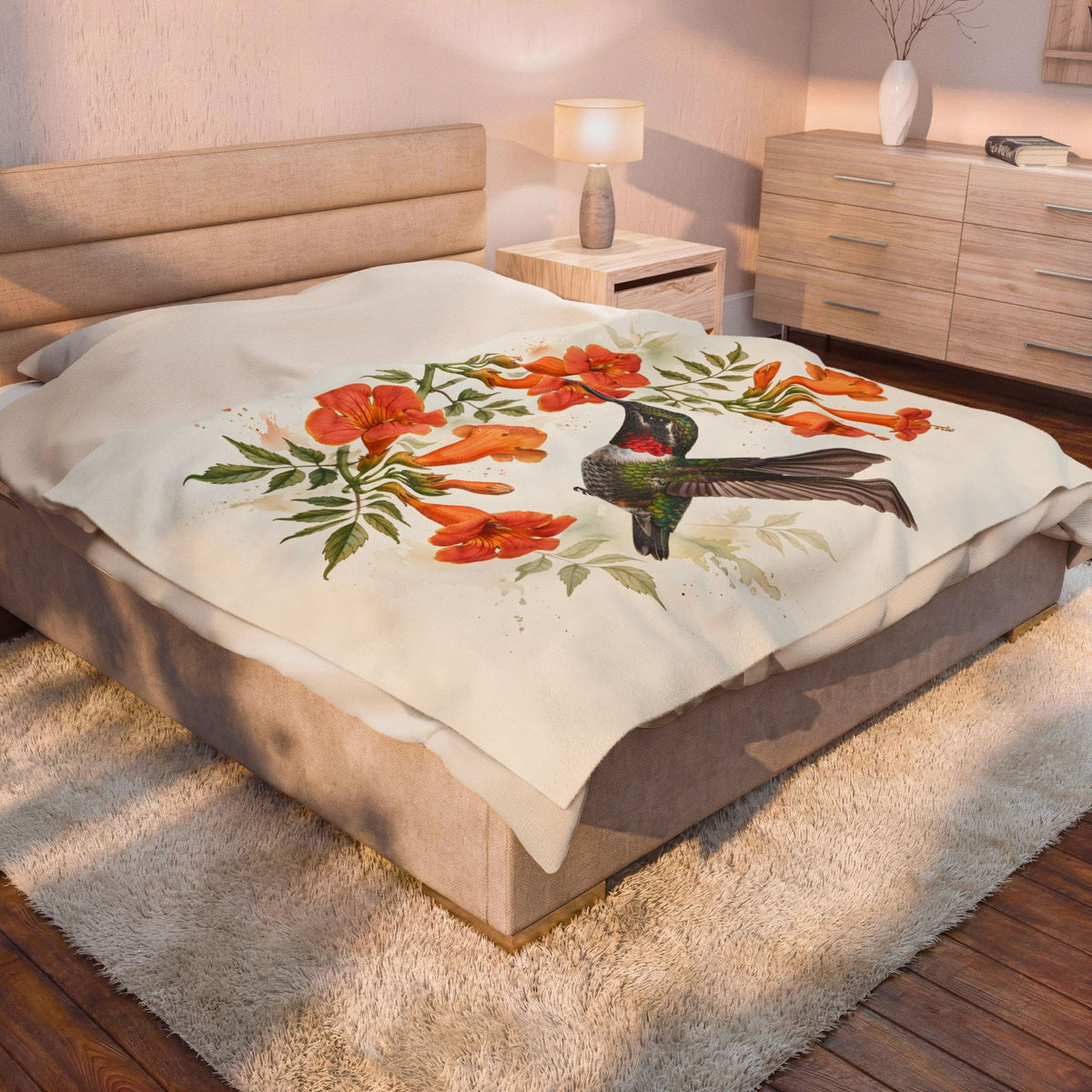 Hummingbird and Trumpet Flowers Velveteen Plush Blanket