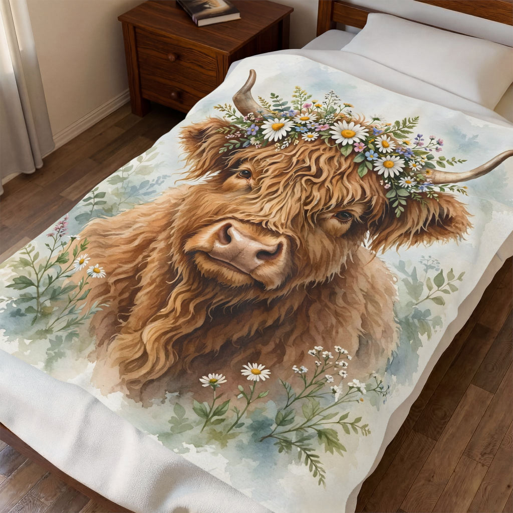 Highland Cow with Flower Crown Velveteen Plush Blanket – Style 2