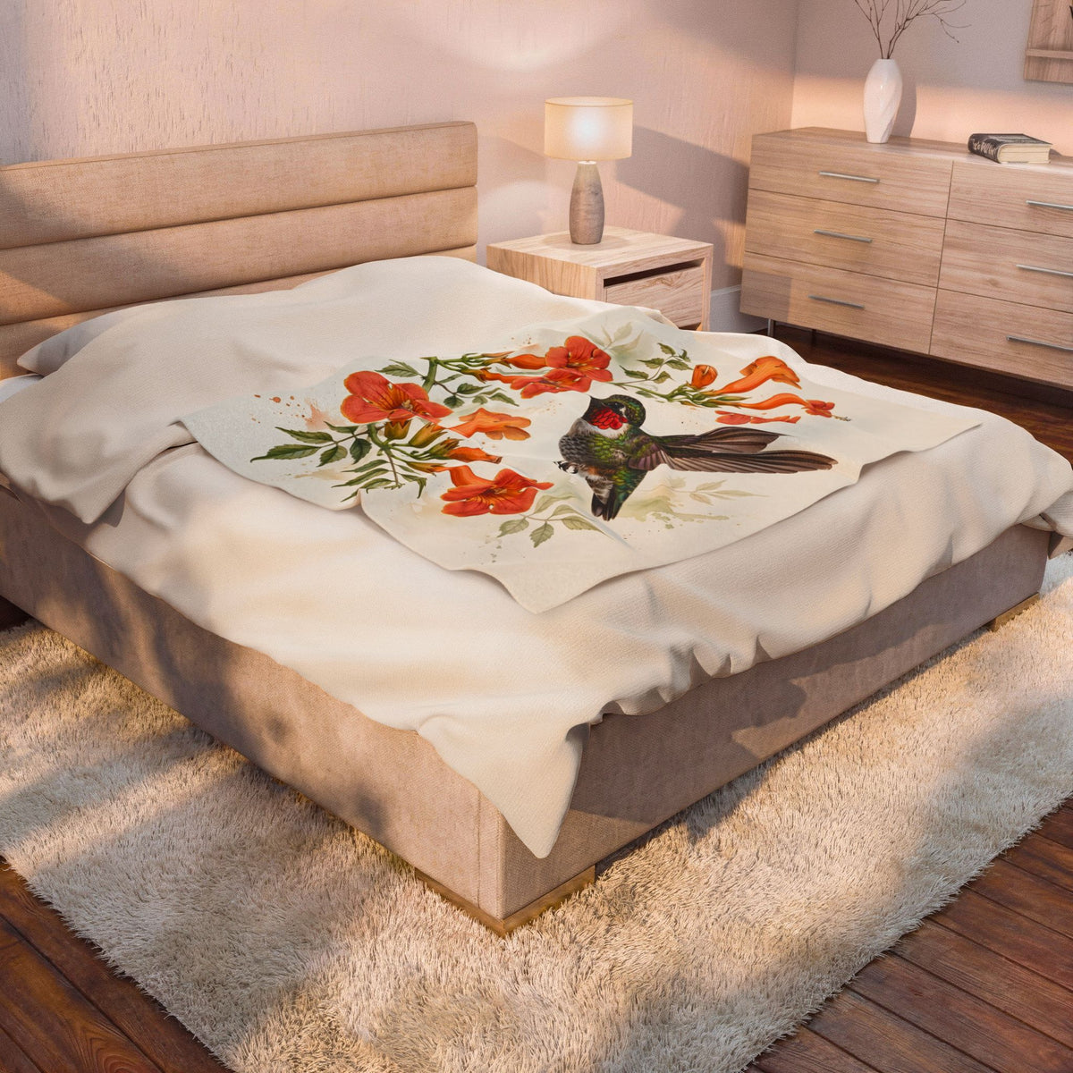 Hummingbird and Trumpet Flowers Velveteen Plush Blanket