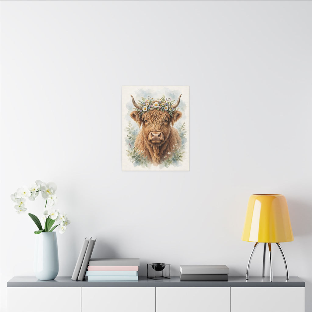 Highland Cow with Flower Crown Canvas Wall Art – Style 2