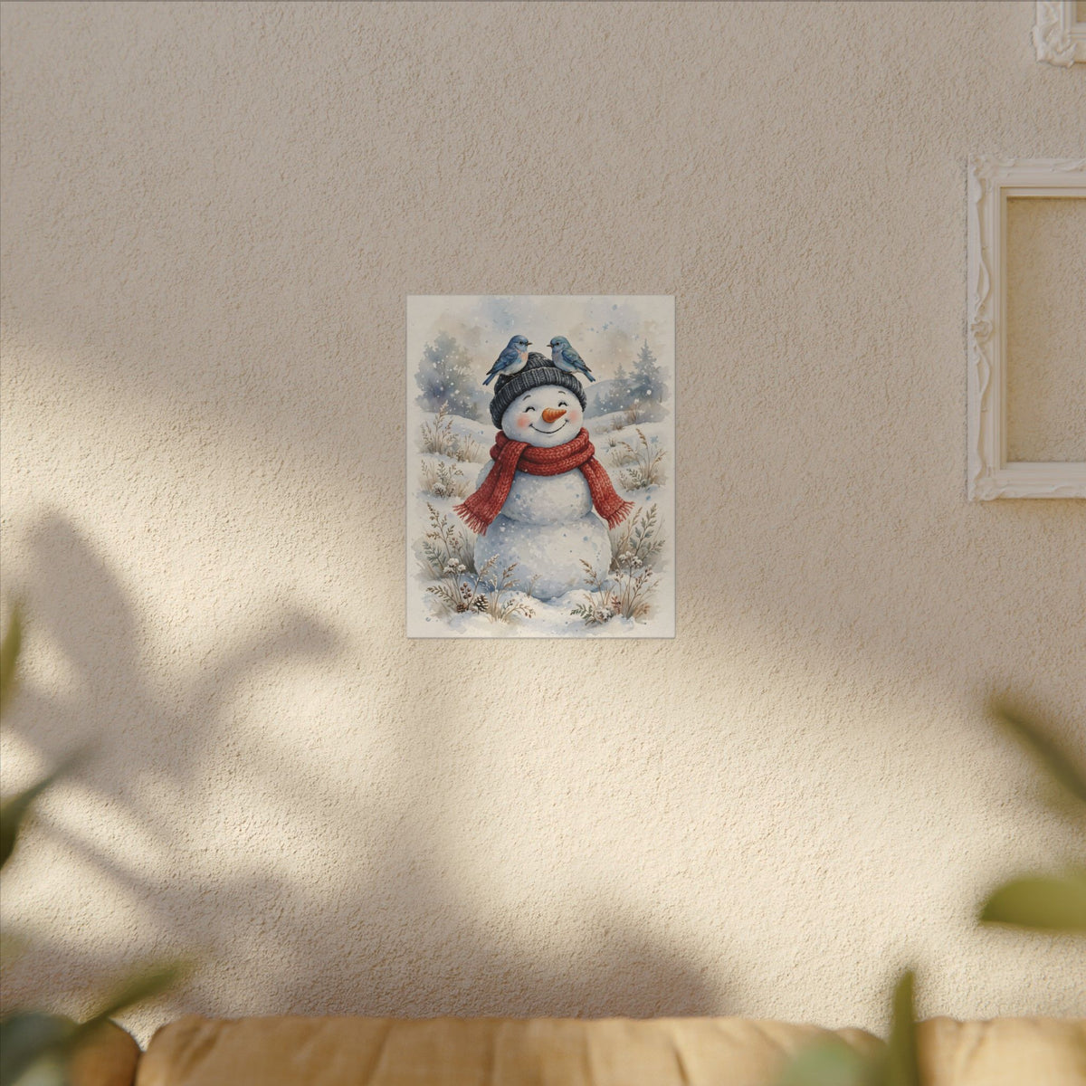 Winter Snowman and Bluebirds Canvas Wall Art – Style 2
