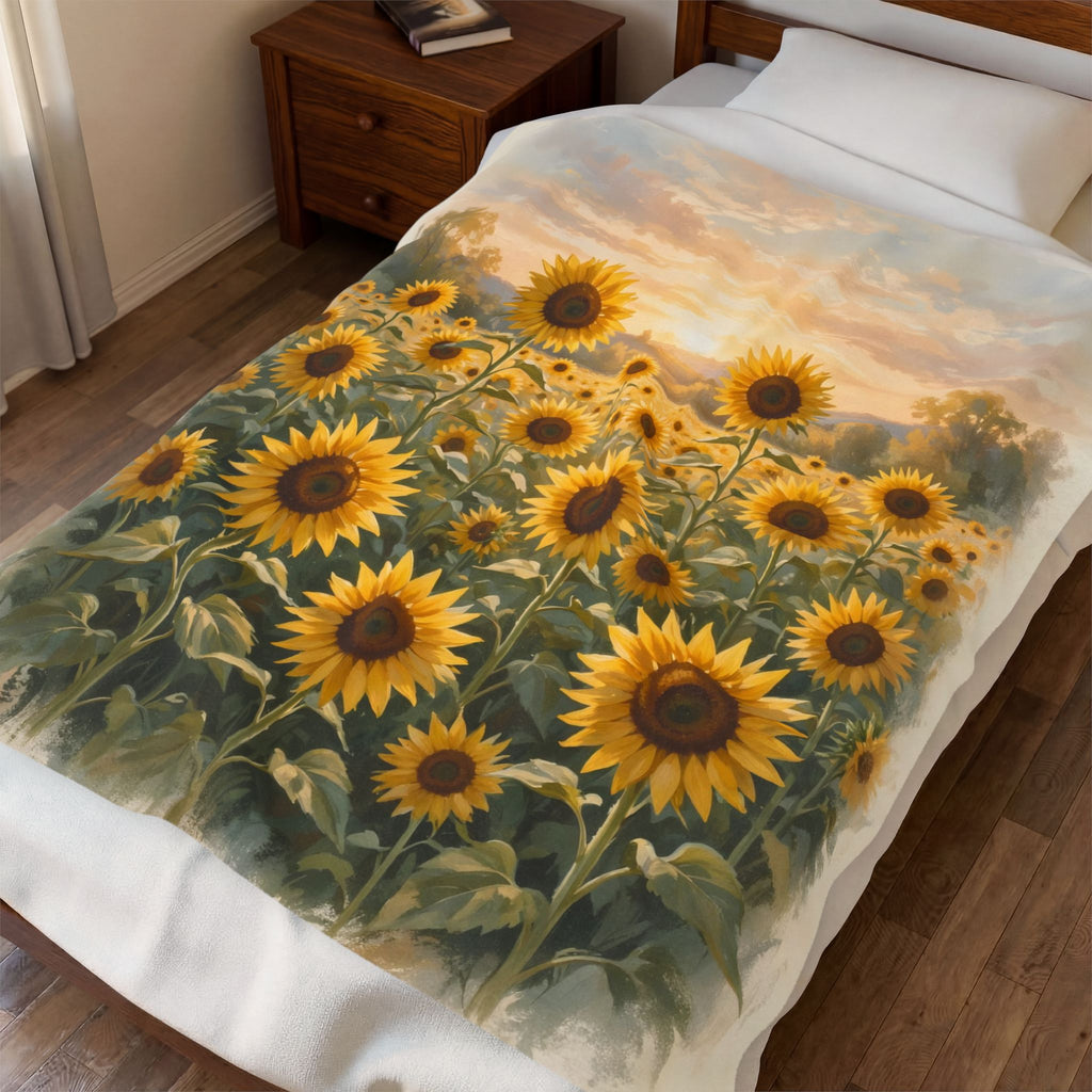 Sunflower Field at Sunset Velveteen Plush Blanket