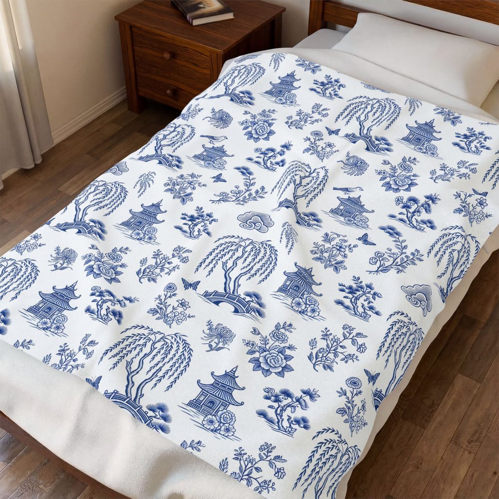 Blue Willow China Pattern Velveteen Plush Blanket – Style 2