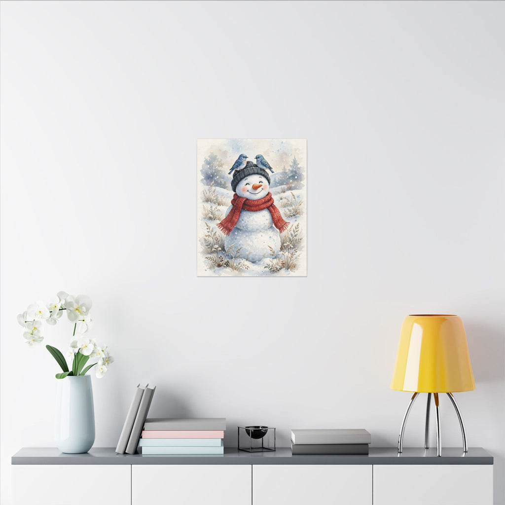 Winter Snowman and Bluebirds Canvas Wall Art – Style 2