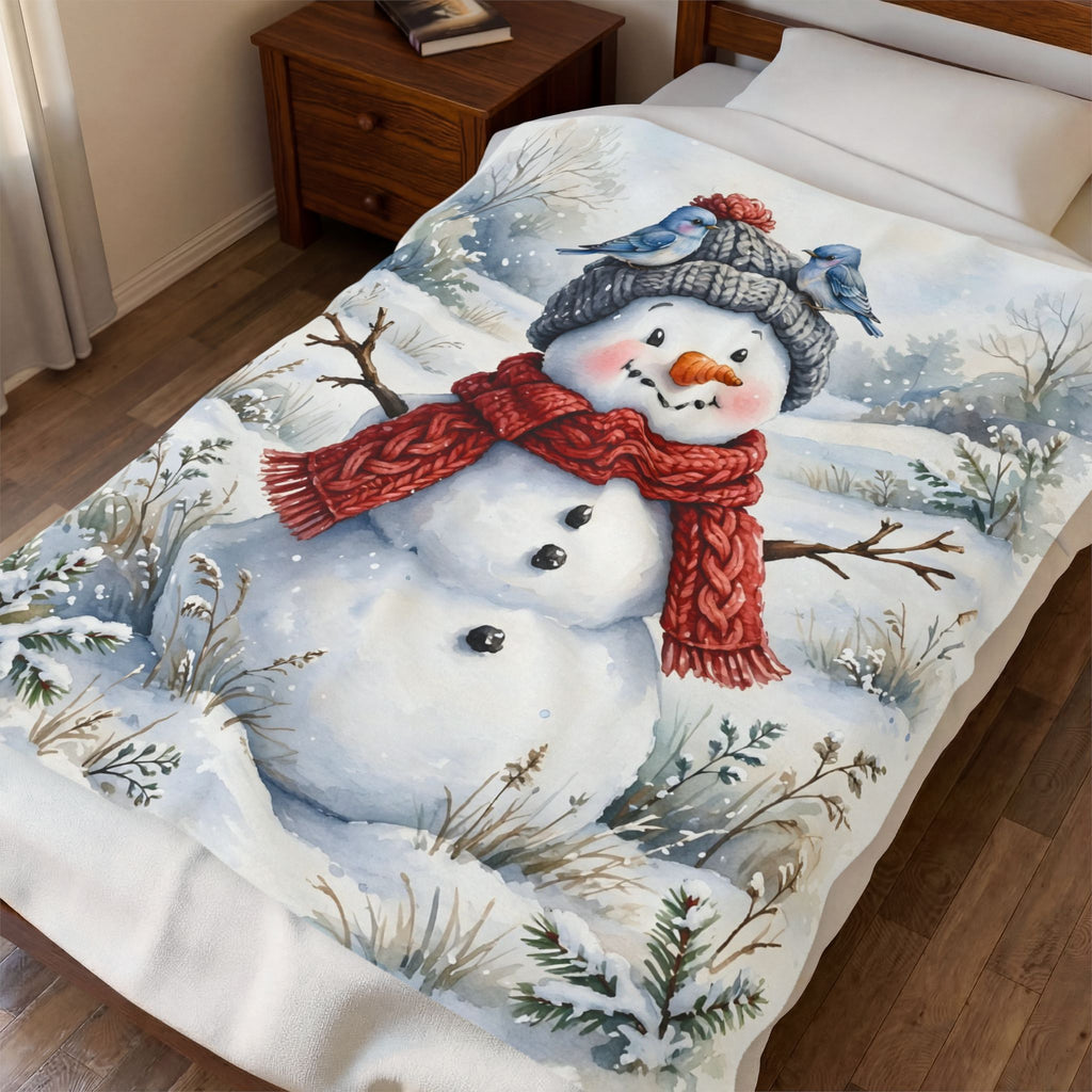 Winter Snowman and Bluebirds Velveteen Plush Blanket – Style 2