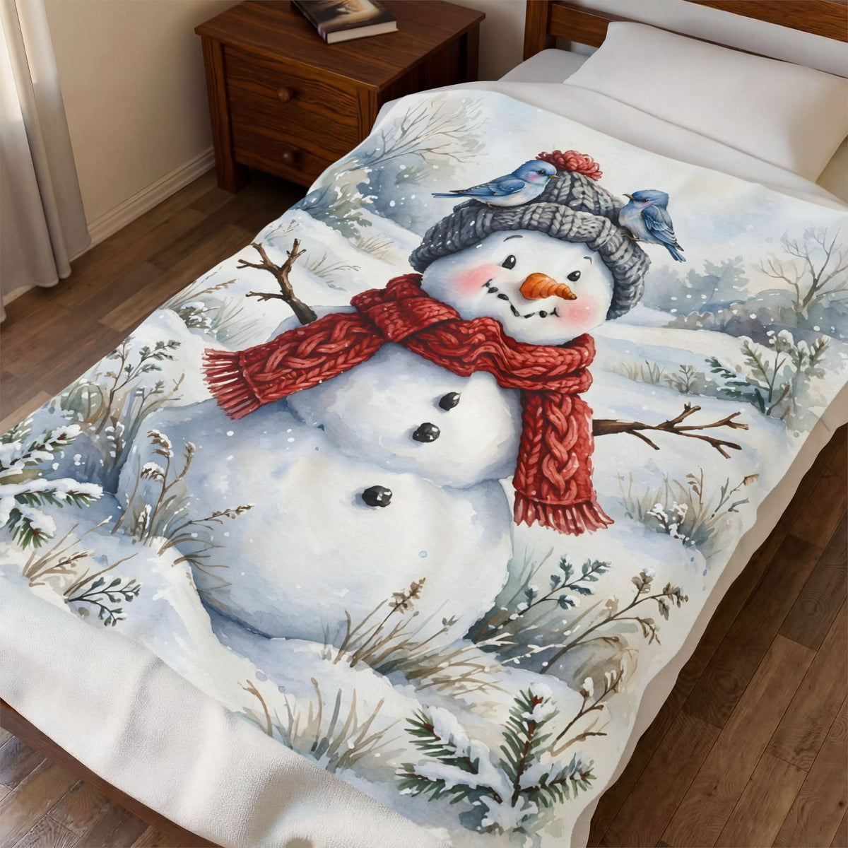 Winter Snowman and Bluebirds Velveteen Plush Blanket – Style 2