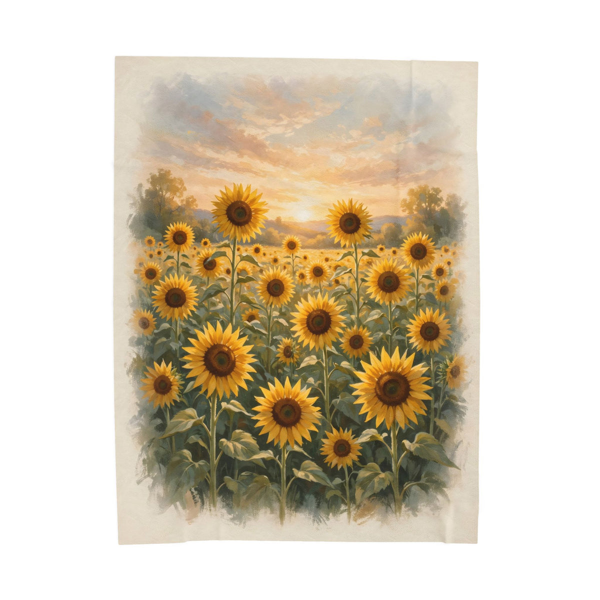 Sunflower Field at Sunset Velveteen Plush Blanket