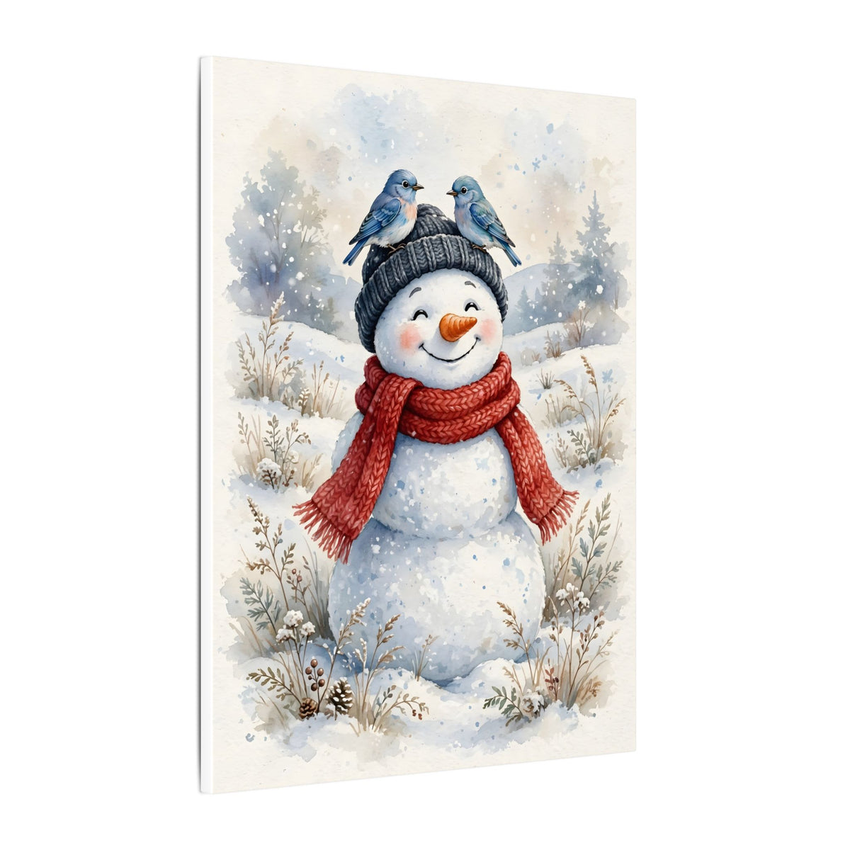 Winter Snowman and Bluebirds Canvas Wall Art – Style 2