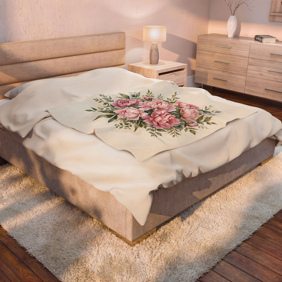 Pink Peonies Watercolor Velveteen Plush Blanket – Style 2
