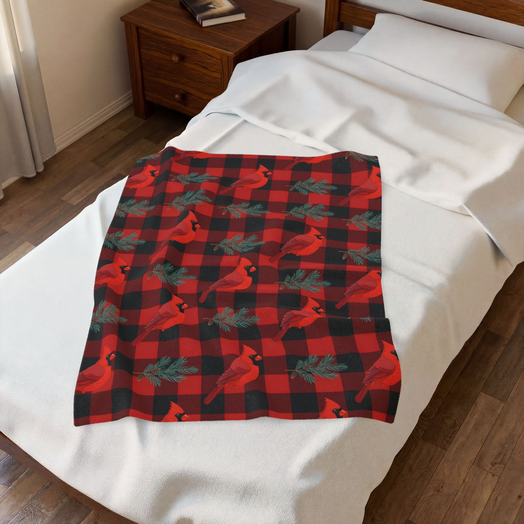 Cardinals and Buffalo Plaid Pattern Velveteen Plush Blanket – Style 2