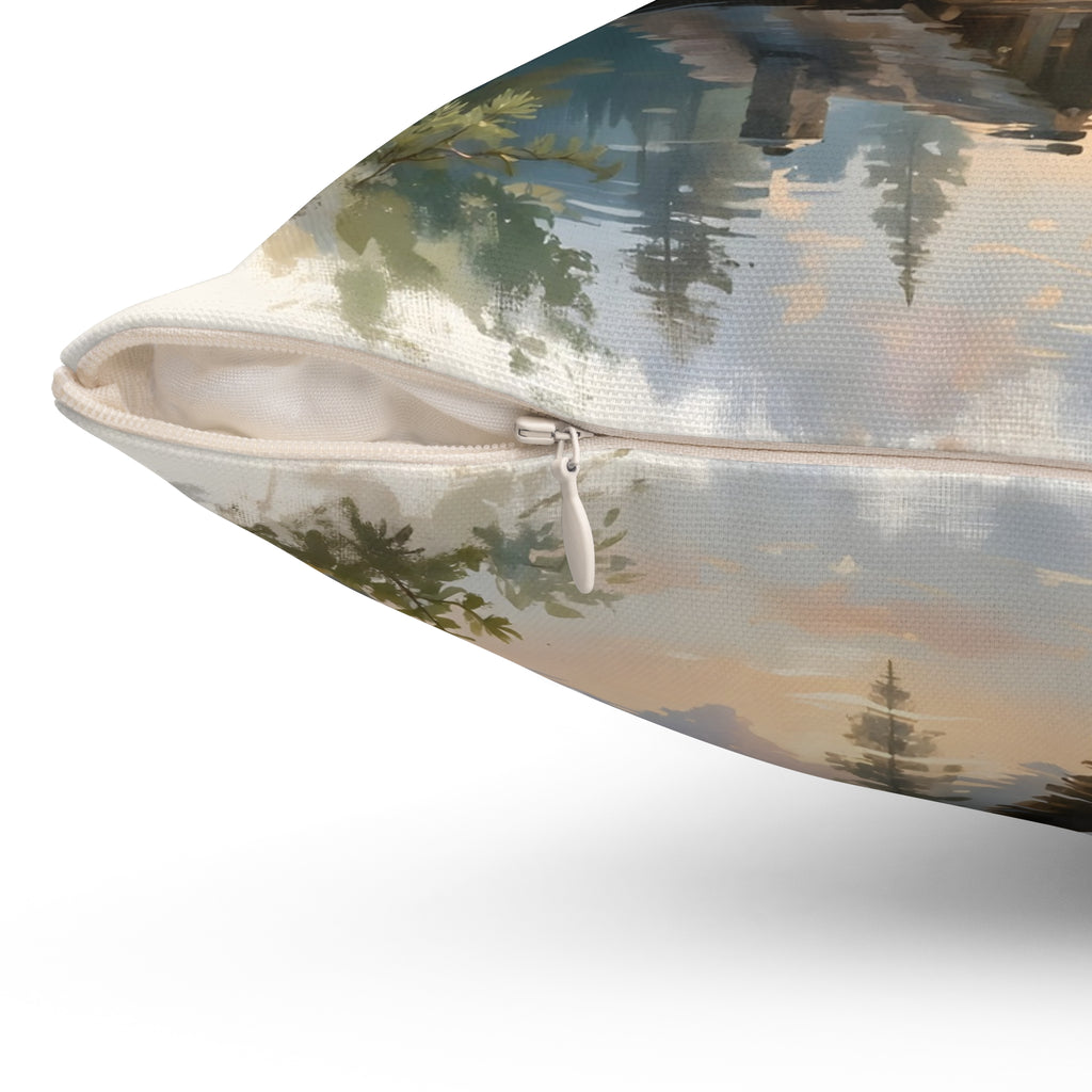 Mountain Cabin by the Lake Throw Pillow