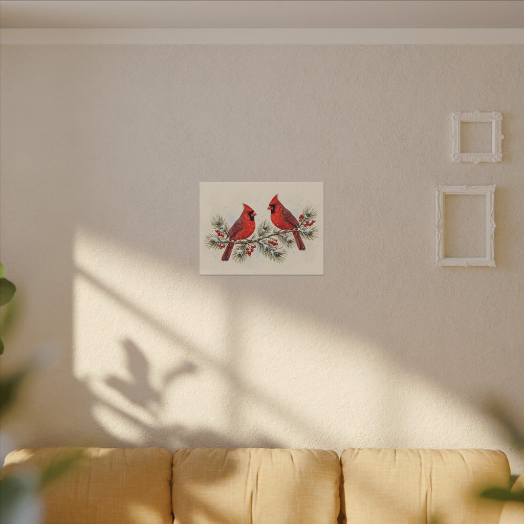 Cardinals on a Snowy Pine Branch Canvas Wall Art