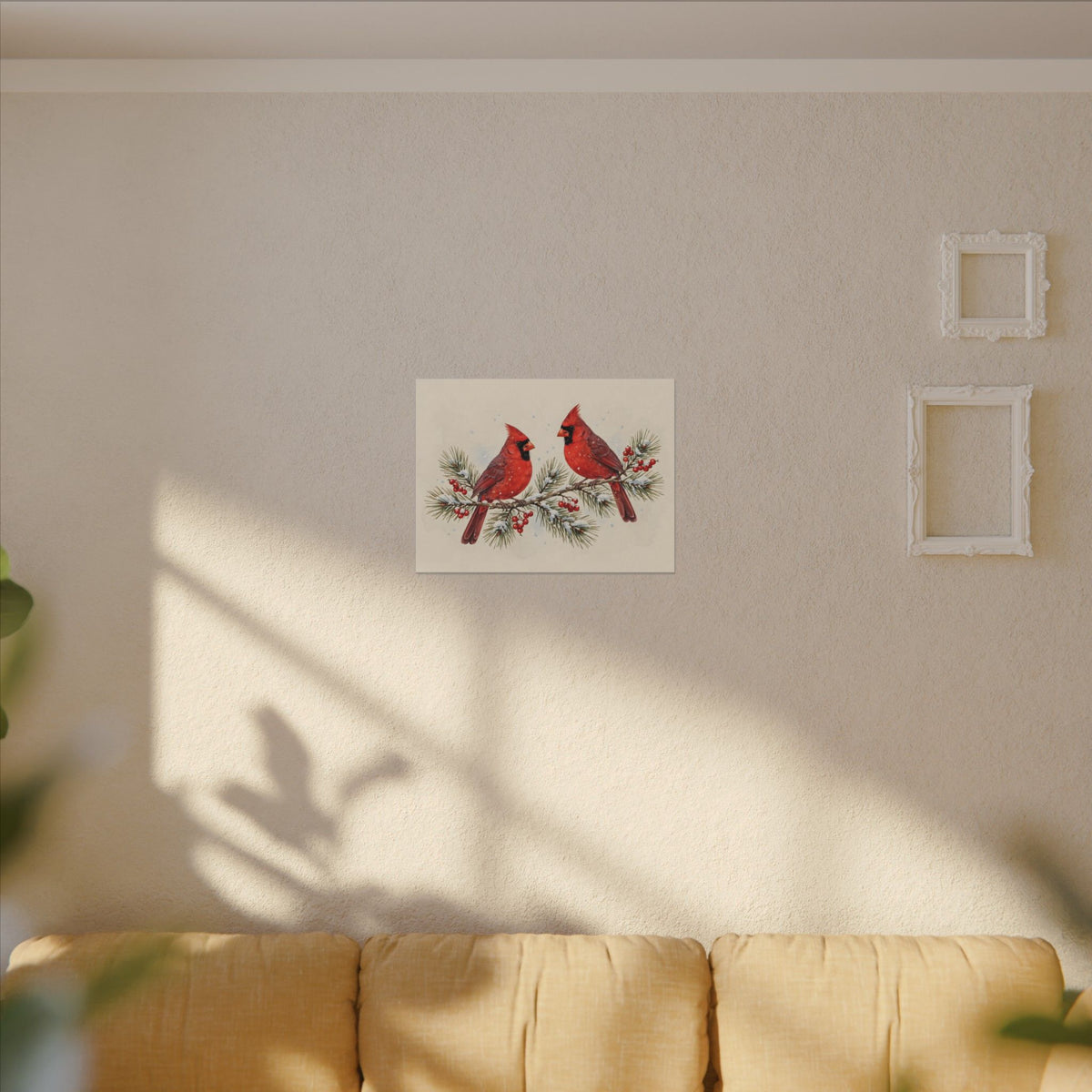 Cardinals on a Snowy Pine Branch Canvas Wall Art