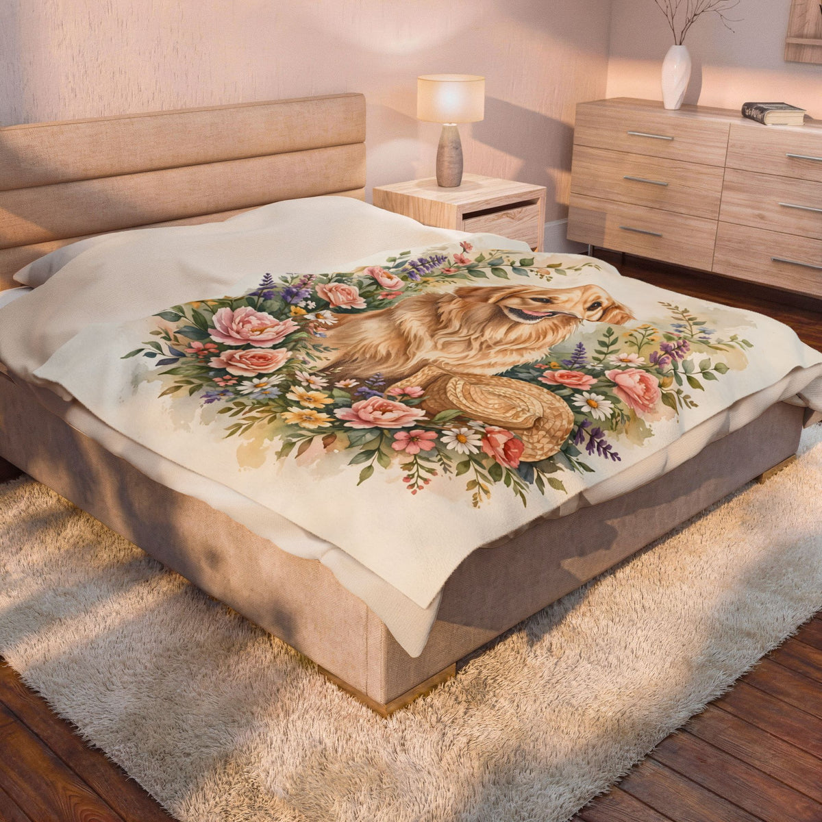 Golden Retriever in the Garden Velveteen Plush Blanket