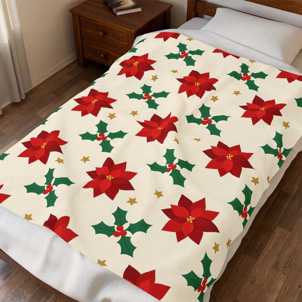 Christmas Poinsettia Pattern Velveteen Plush Blanket