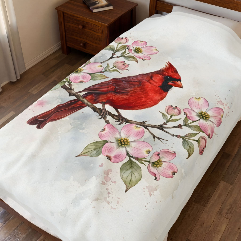 Cardinal on a Spring Branch Velveteen Plush Blanket