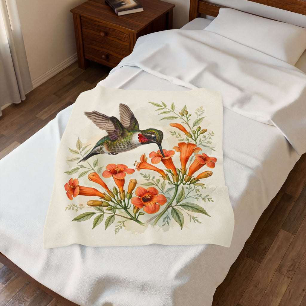 Hummingbird and Trumpet Flowers Velveteen Plush Blanket – Style 2