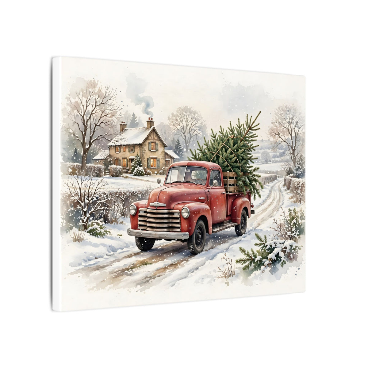 Vintage Red Truck with Christmas Tree Canvas Wall Art – Style 2