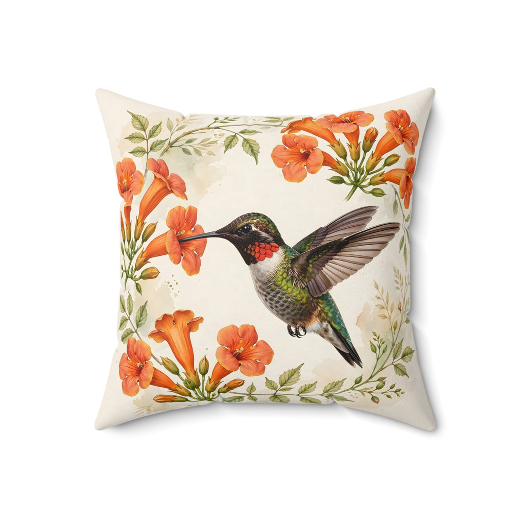 Hummingbird and Trumpet Flowers Throw Pillow