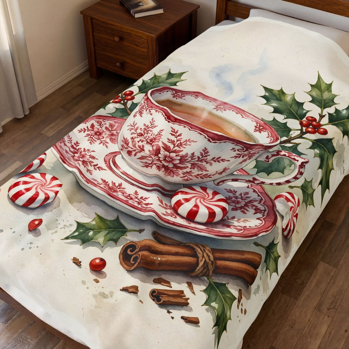 Christmas Teacup with Peppermints Velveteen Plush Blanket