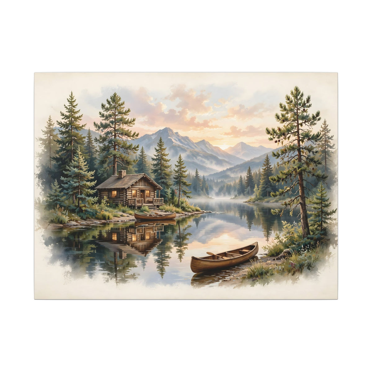 Mountain Cabin by the Lake Canvas Wall Art
