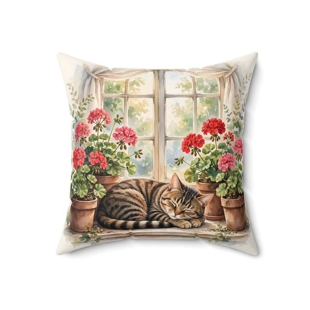 Tabby Cat in the Window Garden Throw Pillow