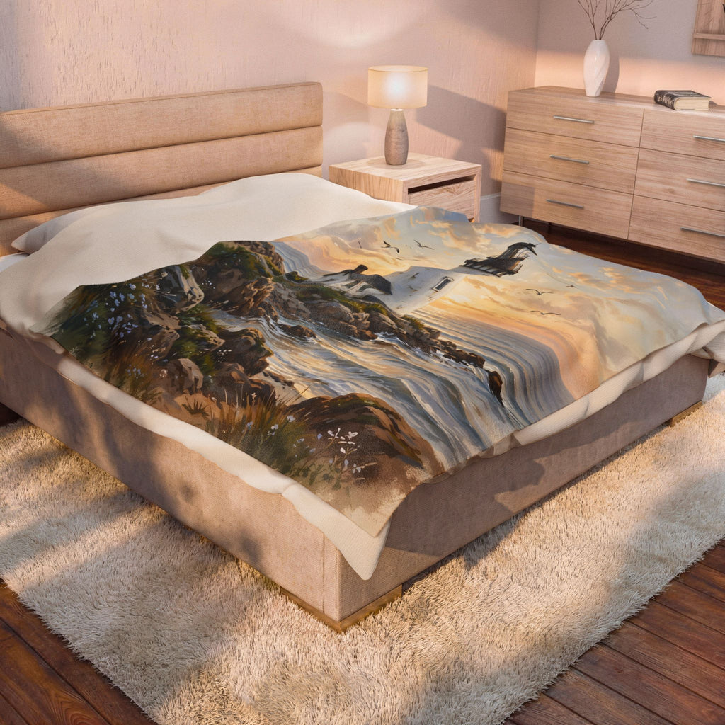 Lighthouse at Golden Hour Velveteen Plush Blanket