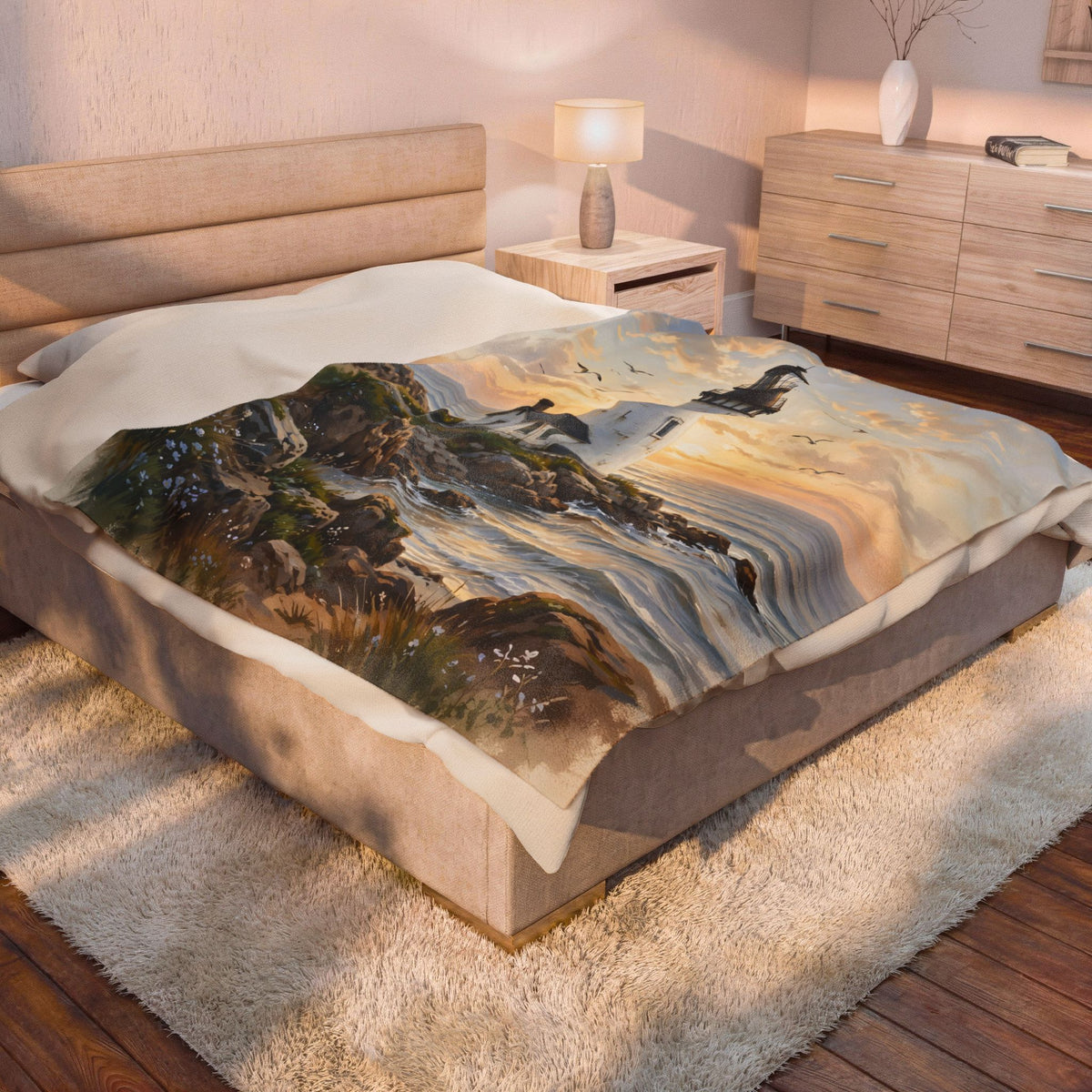 Lighthouse at Golden Hour Velveteen Plush Blanket
