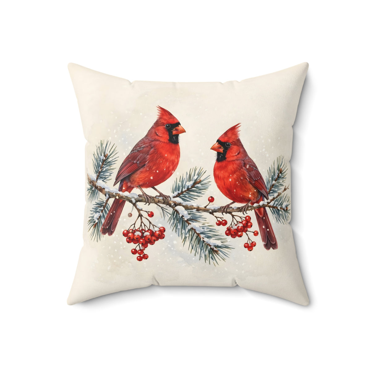 Cardinals on a Snowy Pine Branch Throw Pillow