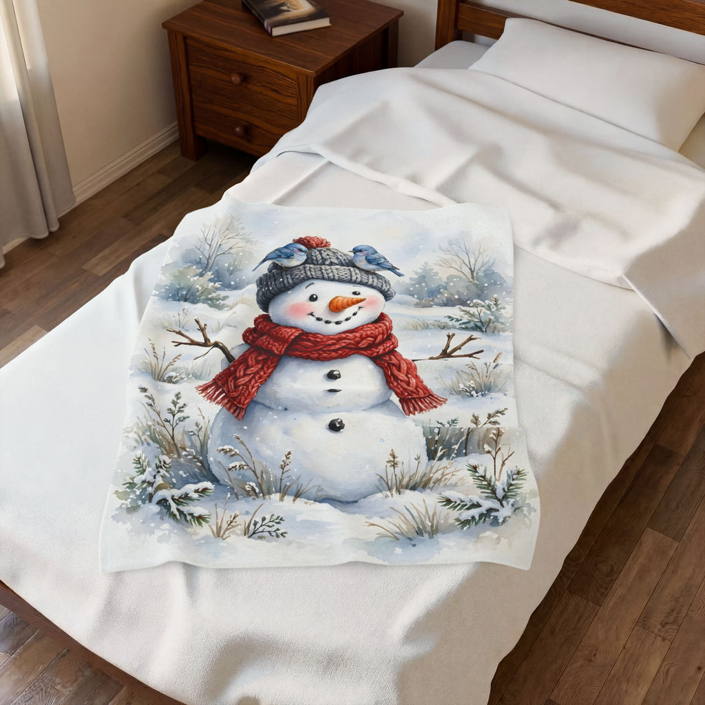 Winter Snowman and Bluebirds Velveteen Plush Blanket – Style 2