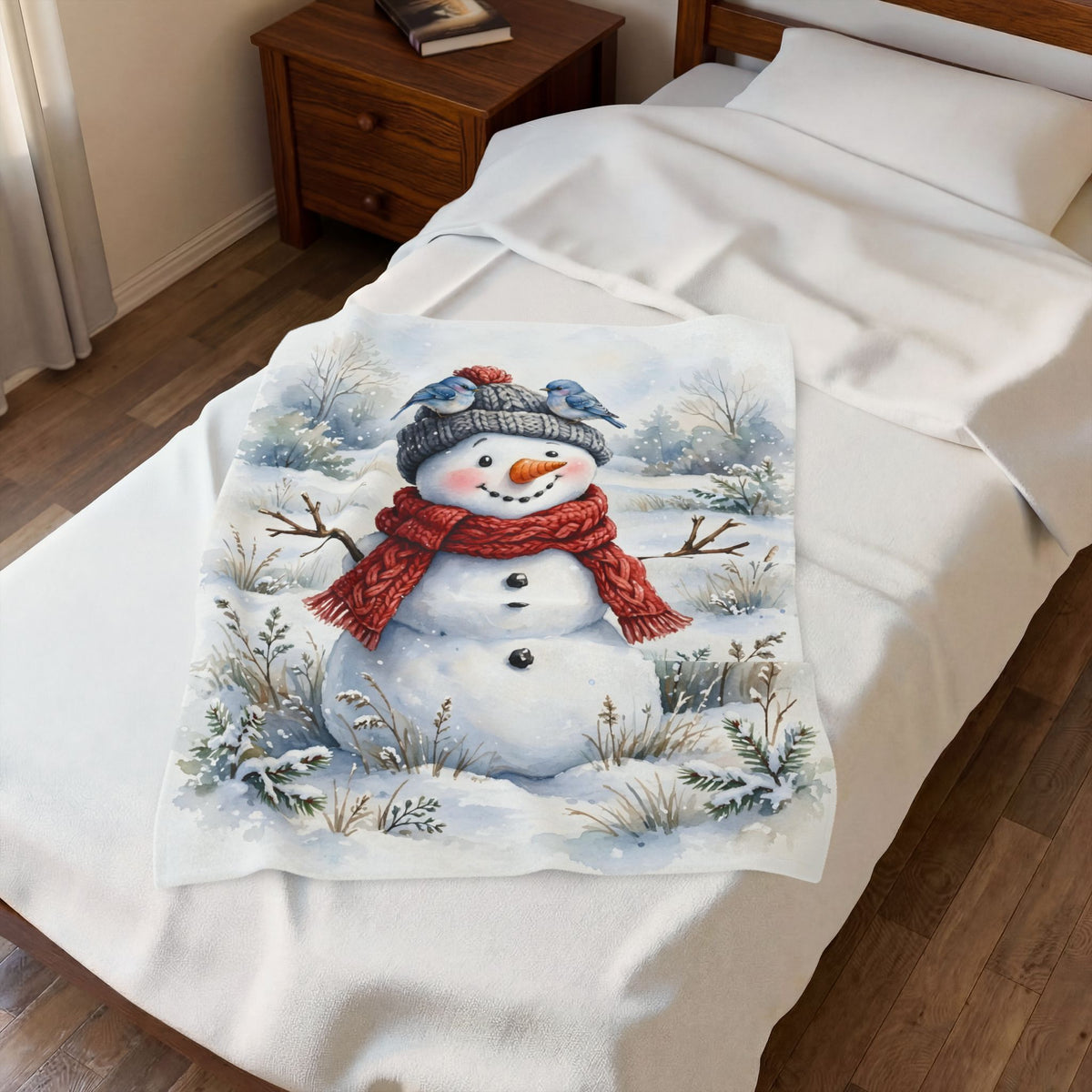 Winter Snowman and Bluebirds Velveteen Plush Blanket – Style 2