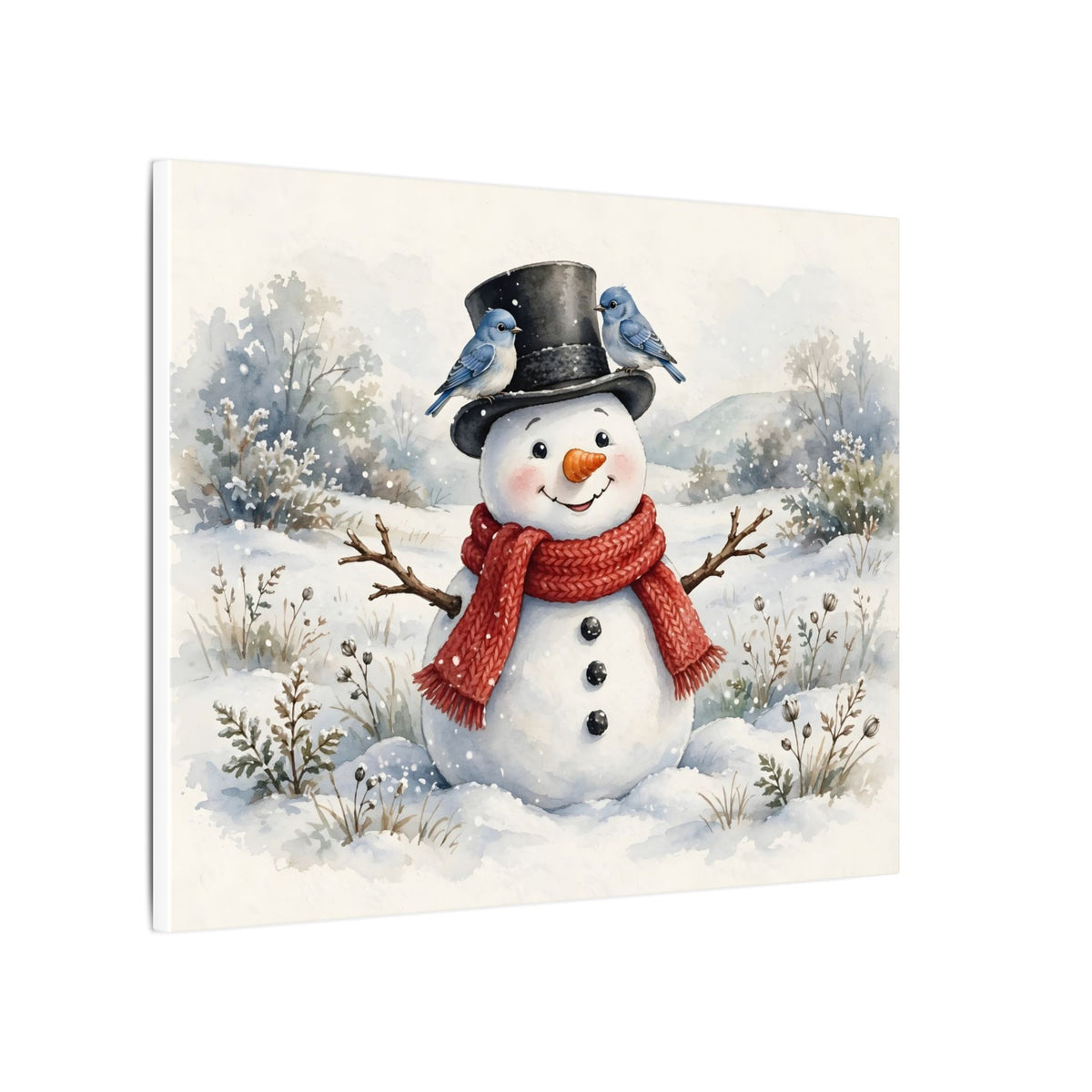 Winter Snowman and Bluebirds Canvas Wall Art