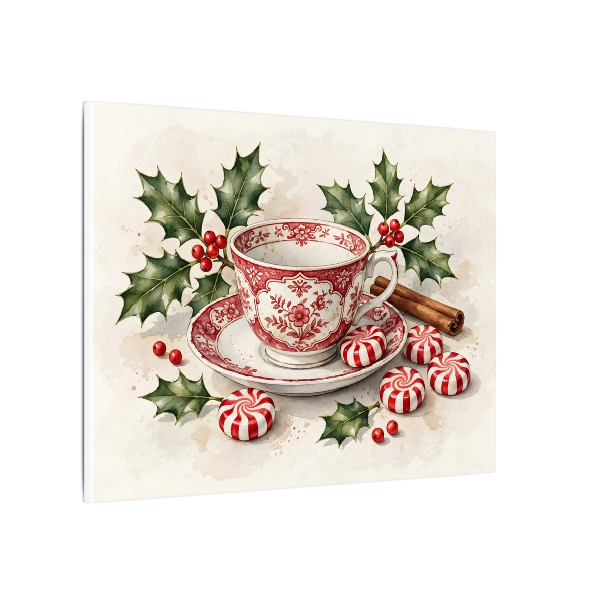 Christmas Teacup with Peppermints Canvas Wall Art