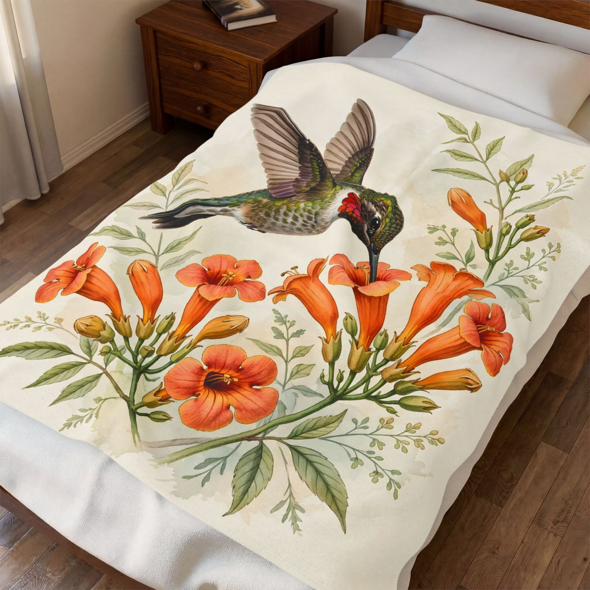 Hummingbird and Trumpet Flowers Velveteen Plush Blanket – Style 2