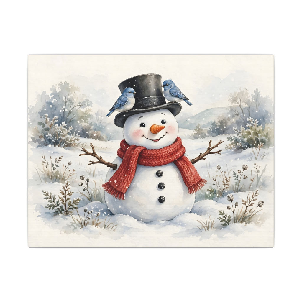 Winter Snowman and Bluebirds Canvas Wall Art