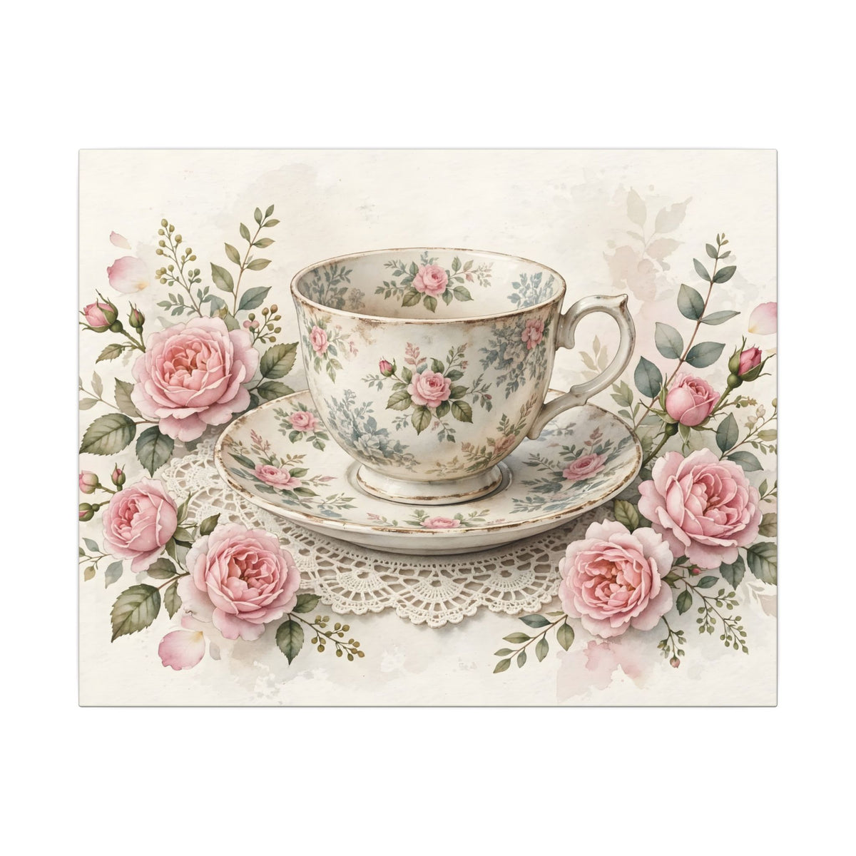 Roses and Vintage Teacup Canvas Wall Art – Style 2