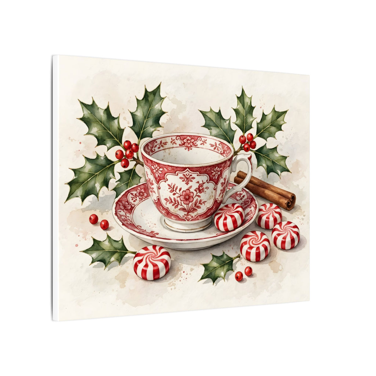 Christmas Teacup with Peppermints Canvas Wall Art