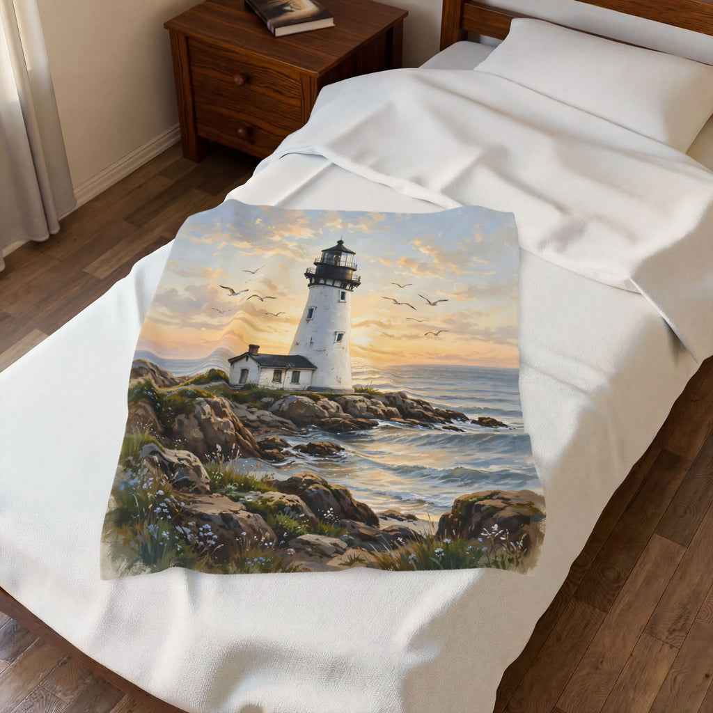 Lighthouse at Golden Hour Velveteen Plush Blanket