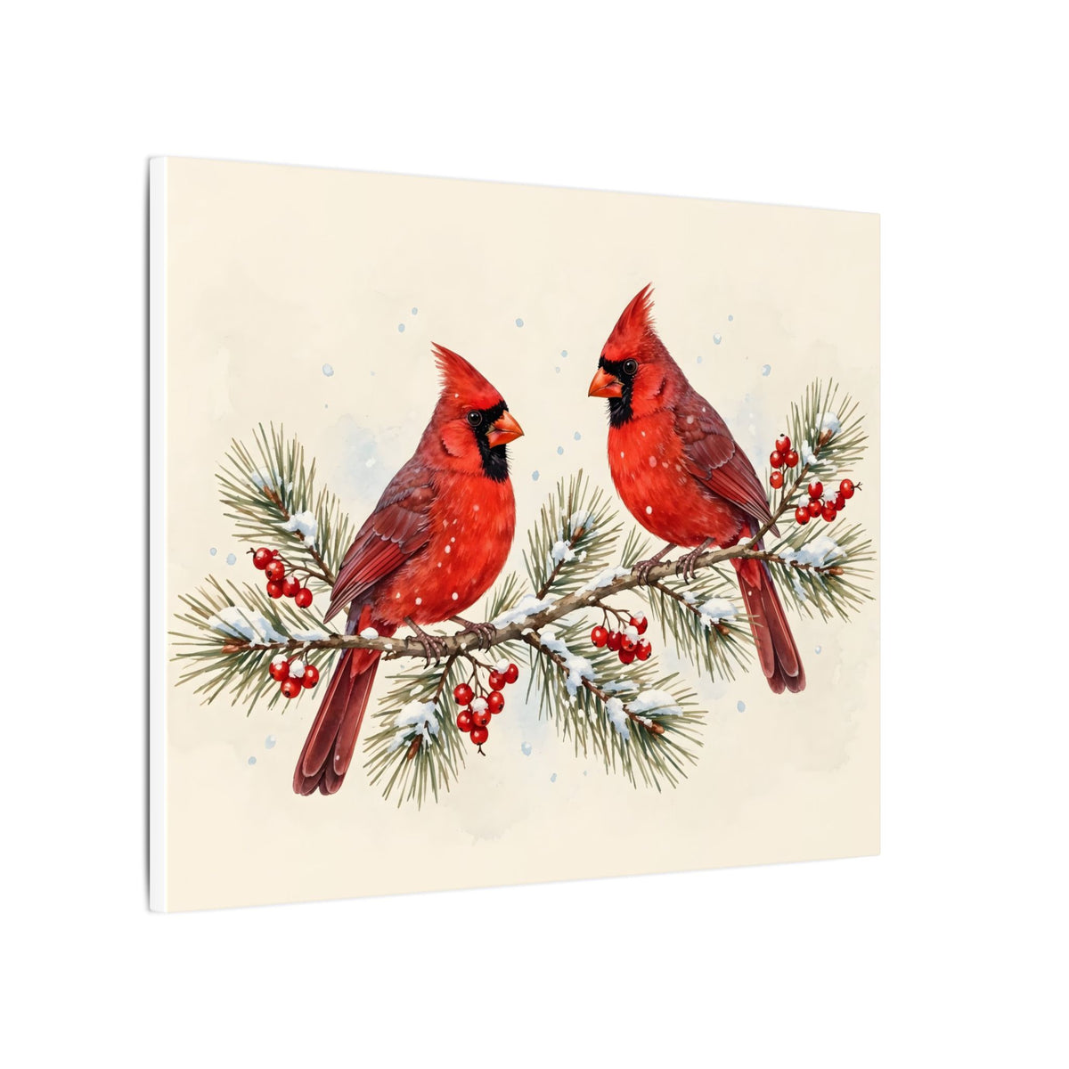 Cardinals on a Snowy Pine Branch Canvas Wall Art