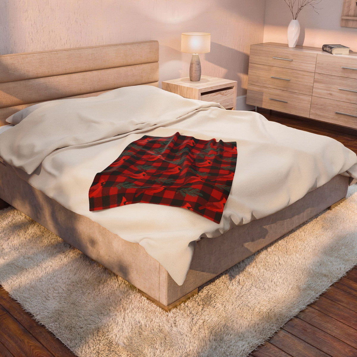 Cardinals and Buffalo Plaid Pattern Velveteen Plush Blanket – Style 2