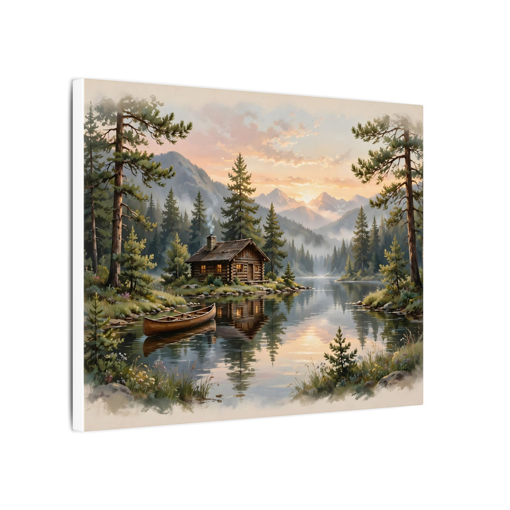 Mountain Cabin by the Lake Canvas Wall Art – Style 2