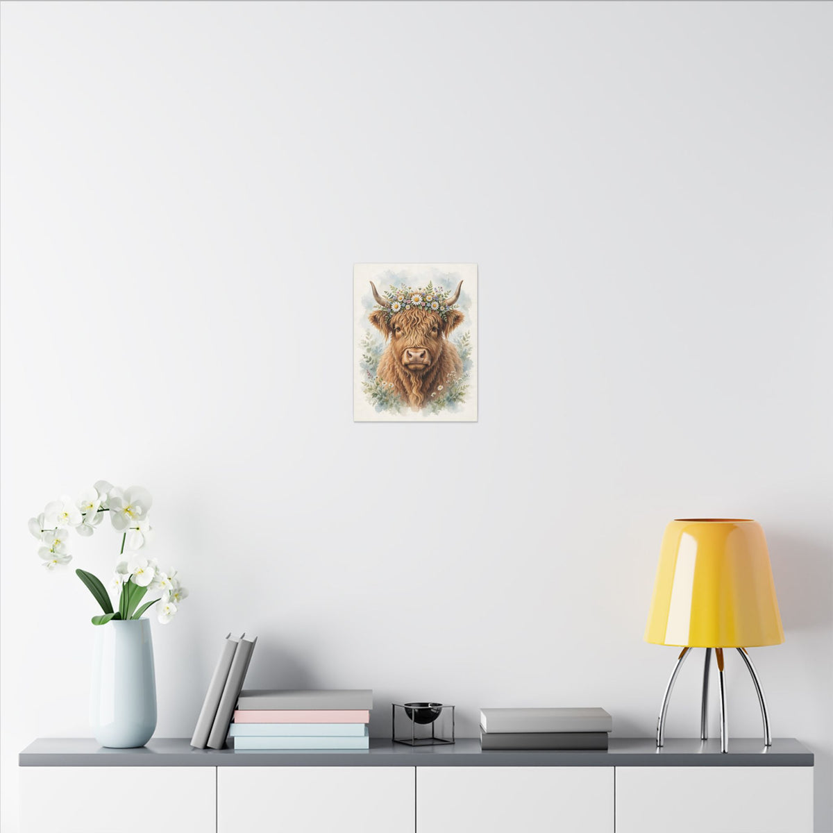 Highland Cow with Flower Crown Canvas Wall Art – Style 2