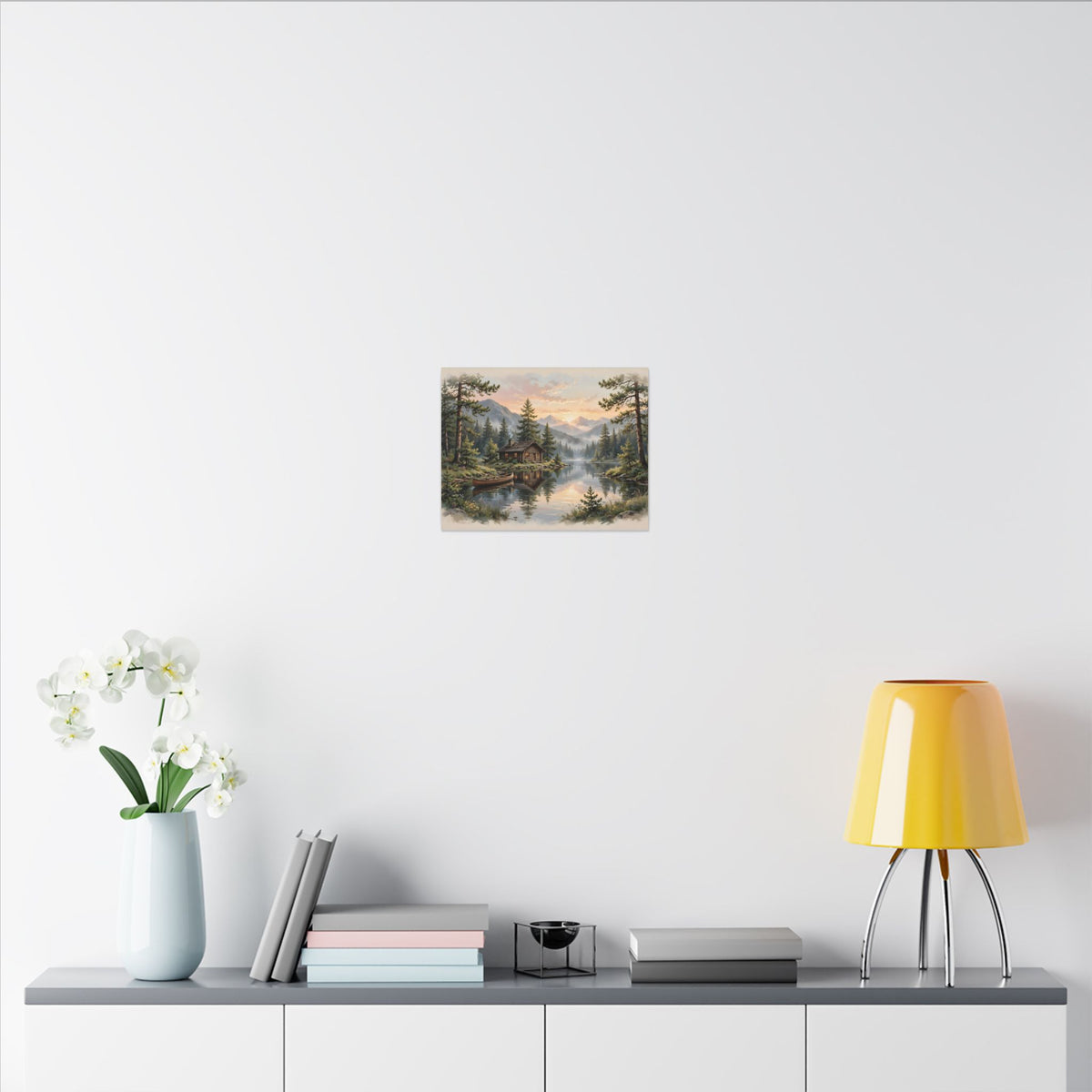 Mountain Cabin by the Lake Canvas Wall Art – Style 2