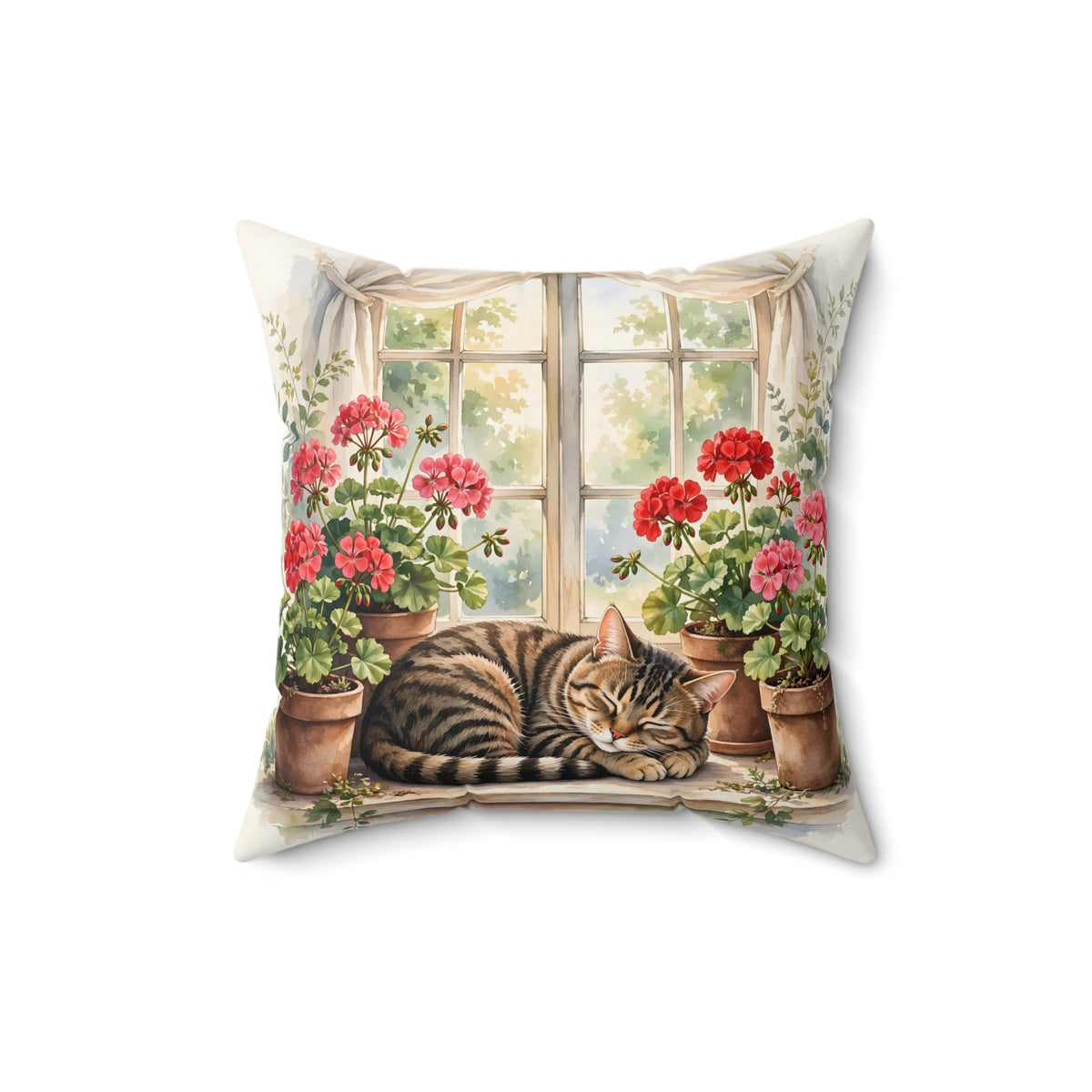 Tabby Cat in the Window Garden Throw Pillow